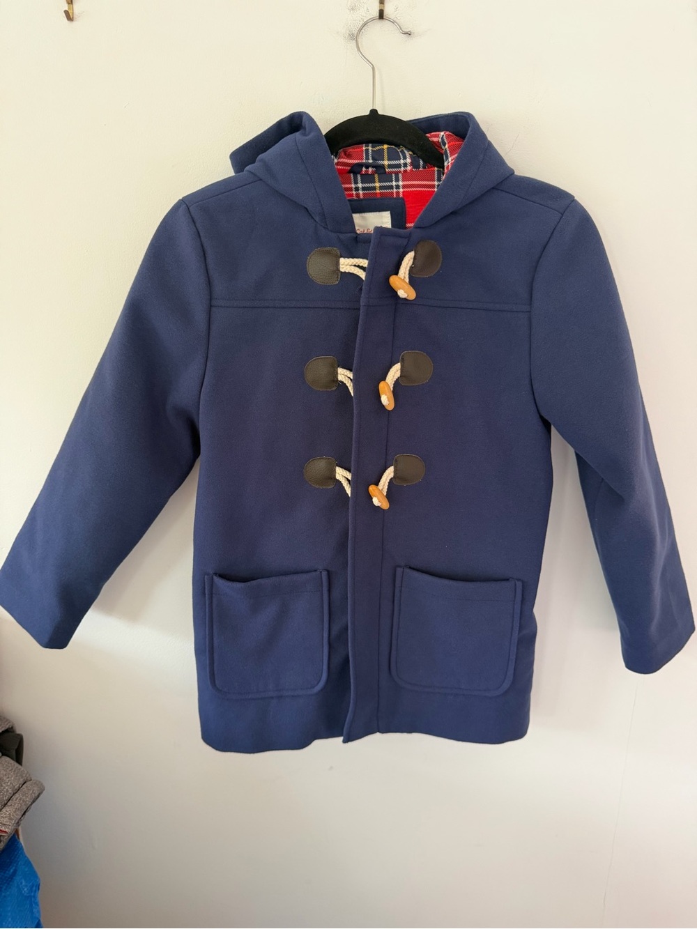 Cat & Jack Navy Hooded Toggle Pea Coat with Red Plaid Lining